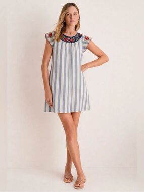 L Love Striped Embroidered Shift Dress Flutter Sleeves Floral  Large